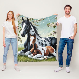 Horse and Foal Resting Amid Blossoming Trees Fleece Blanket