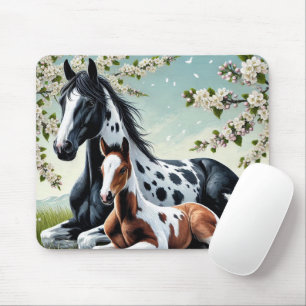 Horse and Foal Resting Amid Blossoming Trees Mouse Pad