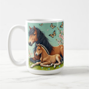 Horse and Foal Resting in a Spring Setting Coffee Mug