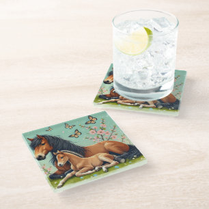 Horse and Foal Resting in a Spring Setting Glass Coaster