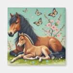 Horse and Foal Resting in a Spring Setting  Magnet
