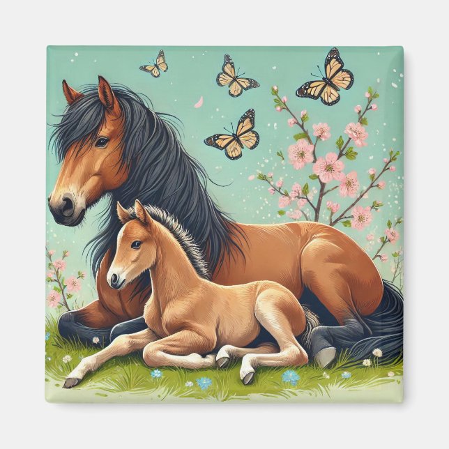 Horse and Foal Resting in a Spring Setting  Magnet (Front)