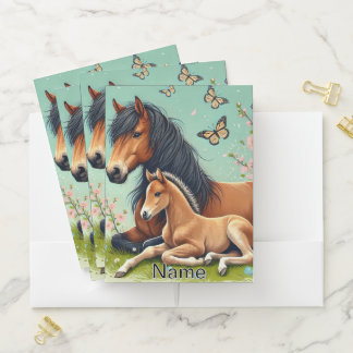 Horse and Foal Resting in a Spring Setting Pocket Folder
