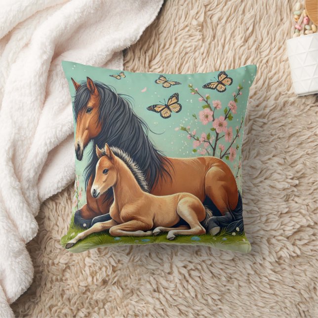 Horse and Foal Resting in a Spring Setting Throw Pillow (Blanket)