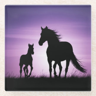 Horse and Foal Silhouette Glass Coaster