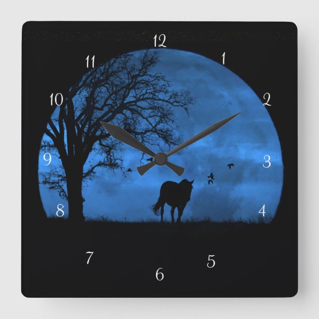 Horse and Full Moon Blue Beautiful Square Wall Clock (Front)