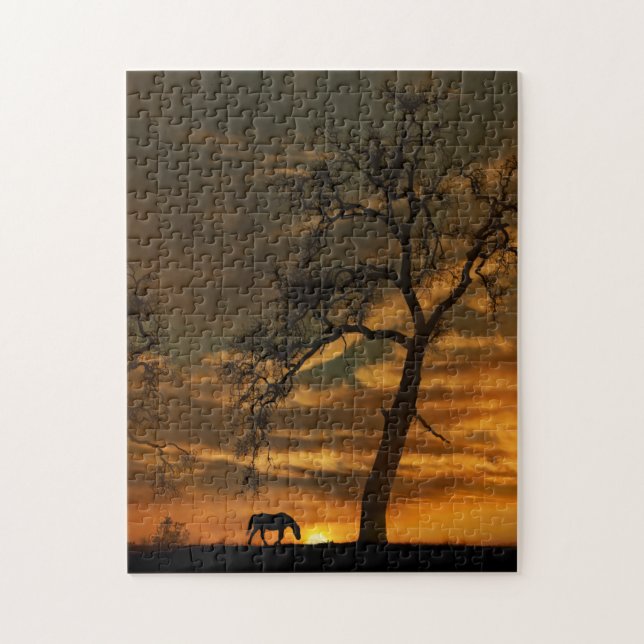 Horse and Giant Oak Tree in Sunset With Clouds Jigsaw Puzzle (Vertical)