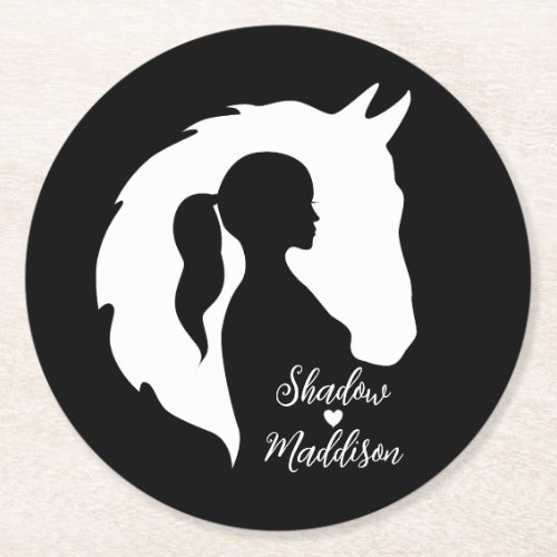 Horse and girl horse lover silhouette heart black round paper coaster