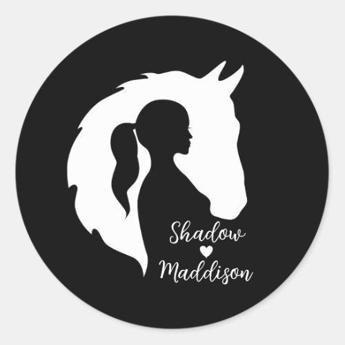 Horse and girl horse lover silhouette heart classic round sticker