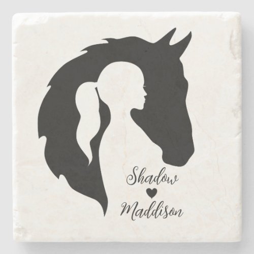 Horse and girl horse lover silhouette heart stone coaster