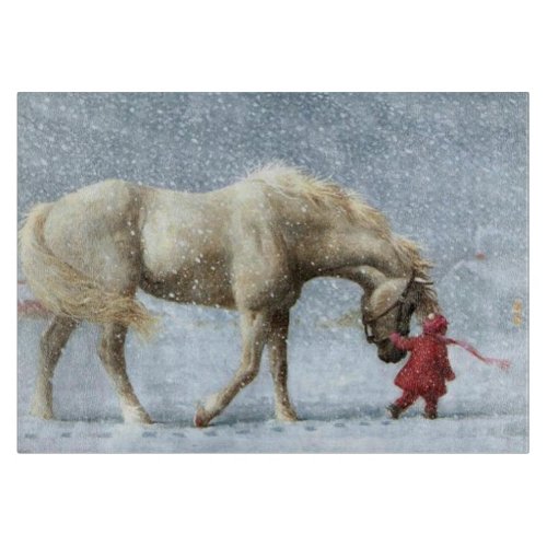 Horse and Girl in Winter Cutting Board