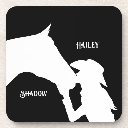 Horse and girl kiss Cowgirl black western Beverage Coaster