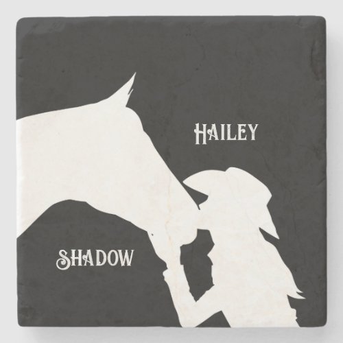 Horse and girl kiss Cowgirl black western Stone Coaster