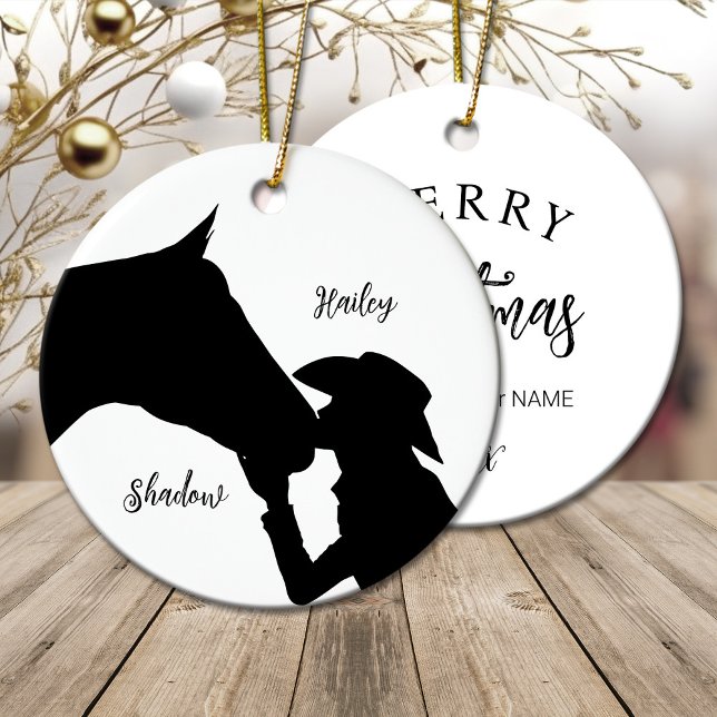 Horse and girl kiss Cowgirl western Christmas Ceramic Ornament (Horse and girl kiss Cowgirl western Christmas Ceramic Ornament)