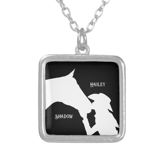 Horse and girl kiss Cowgirl western Silver Plated Necklace (Front)
