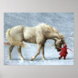 Horse and Girl Winter Poster<br><div class="desc">A beautiful image of a white horse and a girl in a red coat in a snowstorm. This would look beautiful on any wall.</div>