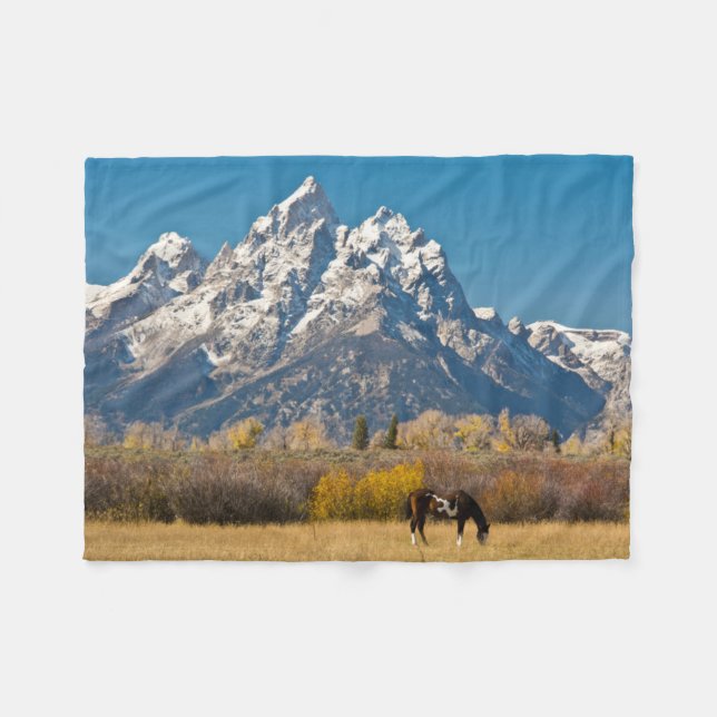 Horse and Grand Tetons, Moose Head Ranch Fleece Blanket (Front (Horizontal))