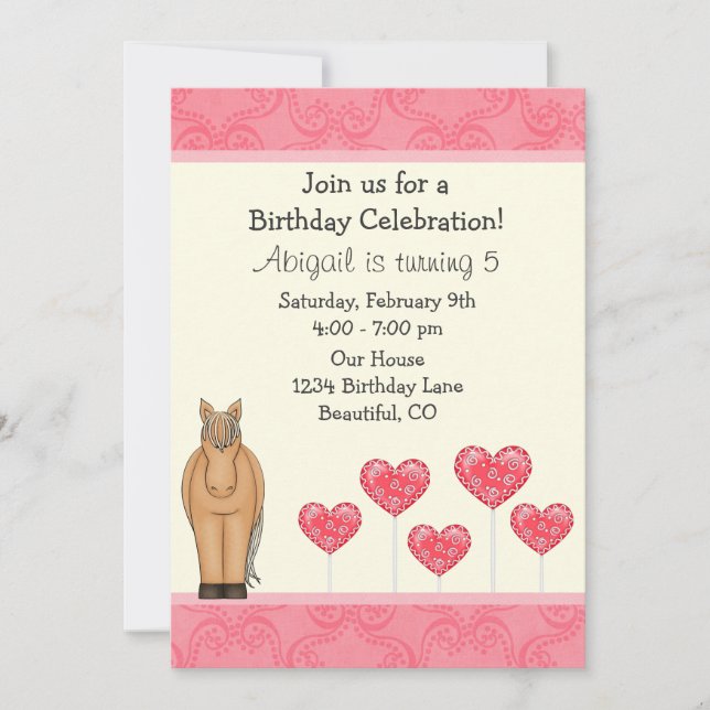 Horse and Hearts Birthday Invitation for Girls (Front)