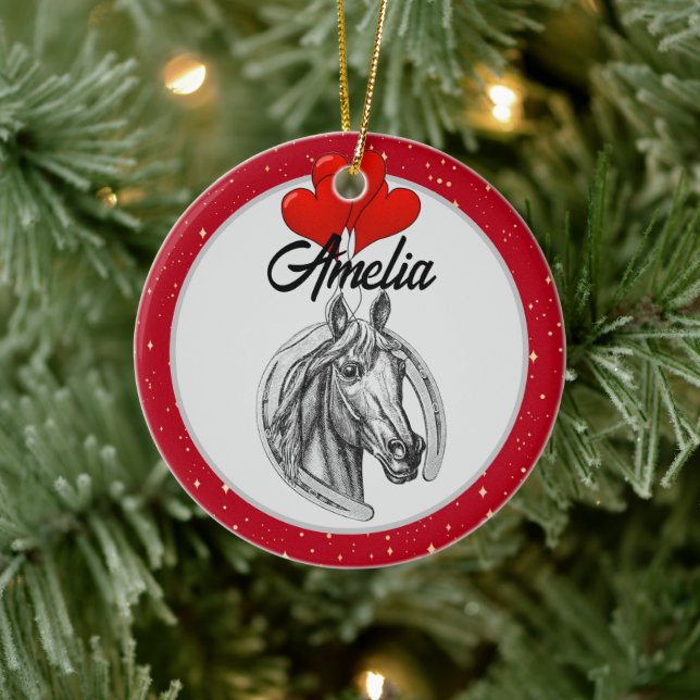 Horse and Hearts Personalized Ceramic Ornament (Tree)