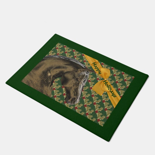 Horse And Holly Christmas Holiday  Doormat (Angled)