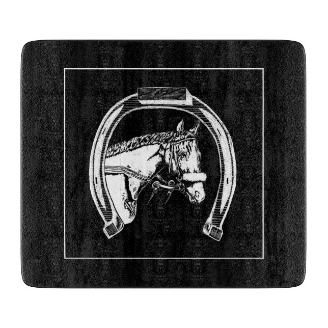 Horse and Horseshoe Scratch Art Cutting Board (Front)