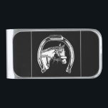 Horse and Horseshoe Scratch Art Silver Finish Money Clip<br><div class="desc">An image of a black and white scratchboard illustration of a Thoroughbred horse wearing a bridle with a shadow roll within a horseshoe. This drawing was etched in india ink on cardboard.</div>