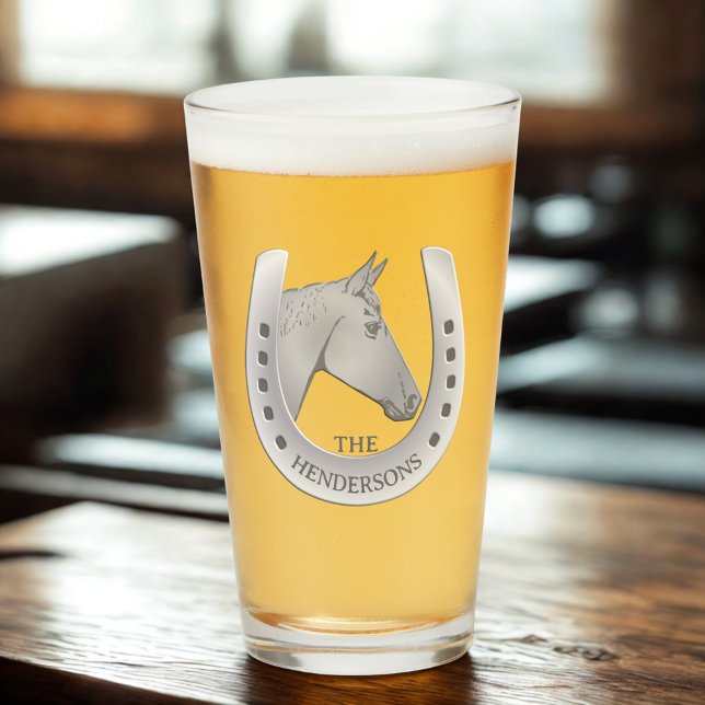Horse and Horseshoe Silver Tone Personalized Pint Glass (Personalized horseshoe pint glass for horse lovers, horse owners, and horse racing fans)