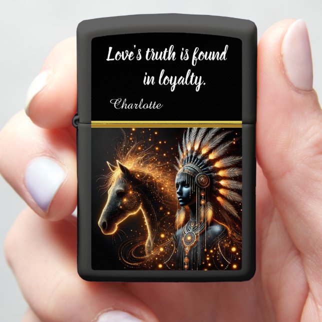 Horse and Indigenous Warrior Art Fusion Zippo Lighter (In Hand)