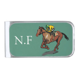 Horse and Jockey Horse Racing Dark Green Monogram Silver Finish Money Clip