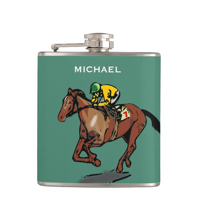 Horse and Jockey Horse Racing Green Personalised Flask (Front)