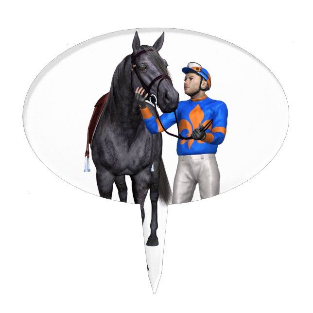 Horse and Jockey in Orange and Blue Cake Topper (Front)