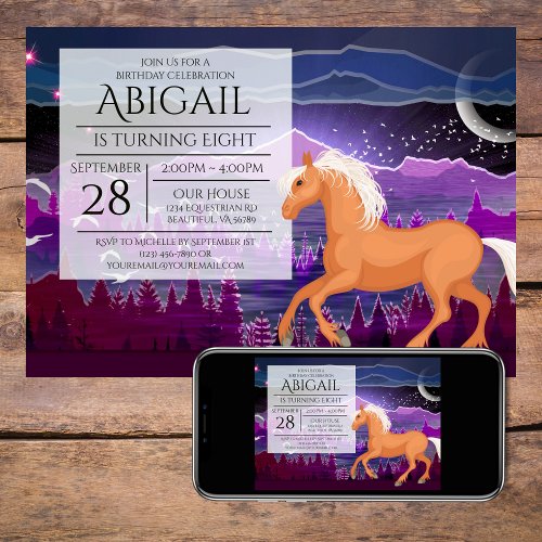 Horse and Mountains Purple and Blue Birthday Invitation