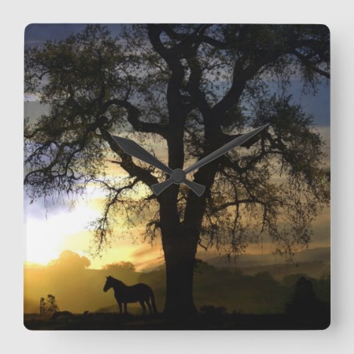 Horse and Oak Tree Sunset Clock