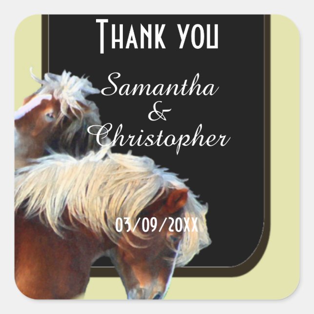 Horse and pony equetrian themed thank you square sticker (Front)