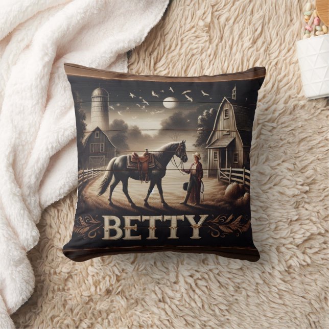 Horse and Rider Near Barn at Dusk Throw Pillow (Blanket)
