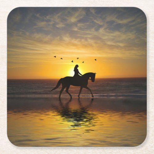 Horse and Rider on the Beach Dressage Sunset Square Paper Coaster