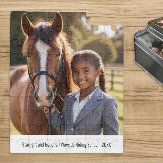 Horse and Rider Personalized Photo Keepsake Jigsaw Puzzle (A custom jigsaw puzzle with horse and rider photo and personalized text)