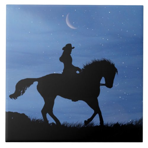 Horse and Rider Starry Night with Crescent Moon Ceramic Tile