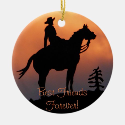Horse and Rider Sunset Silhouette Ceramic Ornament