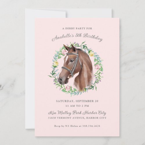 Horse and Rose Wreath Watercolor Birthday Party Invitation