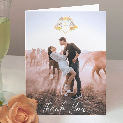Horse and roses yellow gray monogram wedding photo thank you card