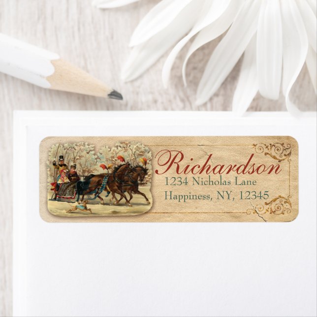Horse and Sleigh Antique Victorian Christmas Old Label (Insitu)