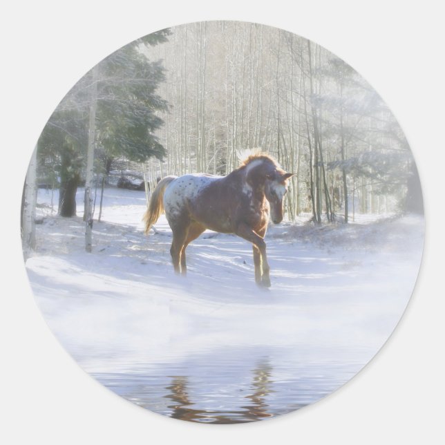 Horse and Snow Beautiful Holiday Classic Round Sticker (Front)