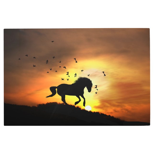Horse and Southwestern Sunset with Birds Metal Print (Front)