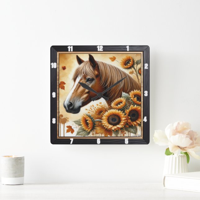 Horse and Sunflower Autumn Square Wall Clock (Home)