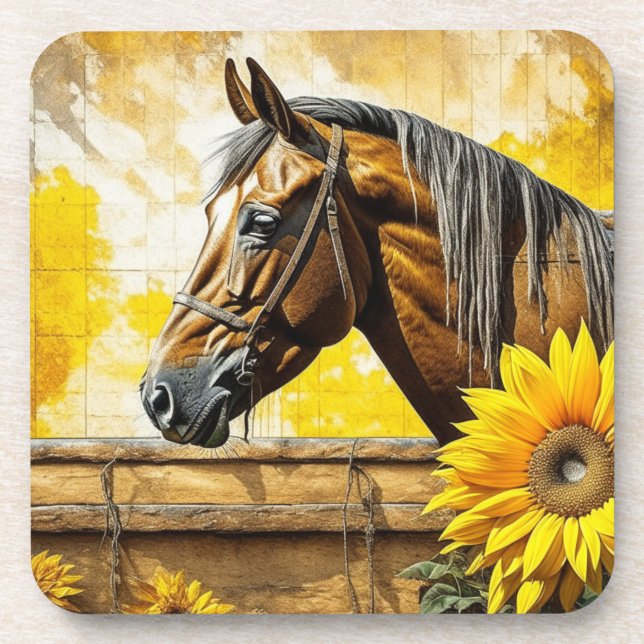 Horse and Sunflower Beautiful AI Art Beverage Coaster (Front)