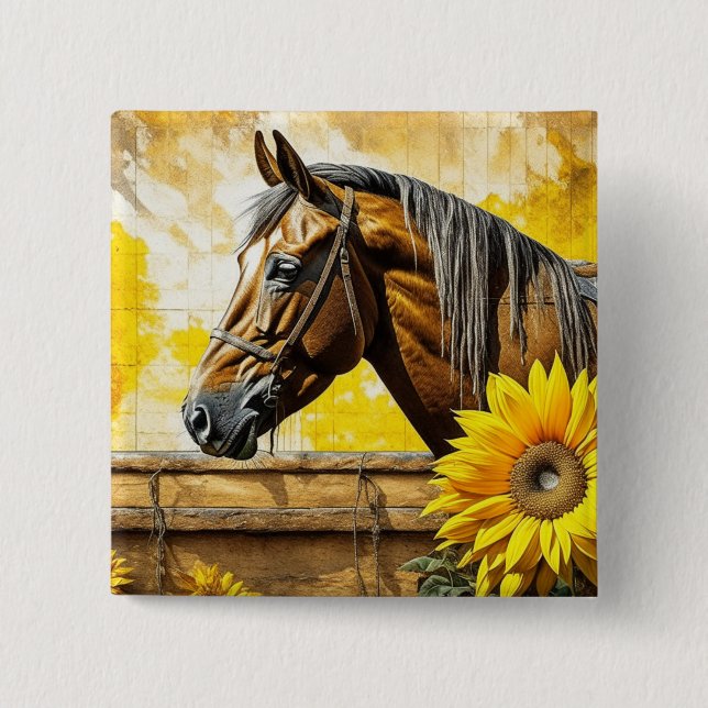 Horse and Sunflower Beautiful AI Art  Button (Front)