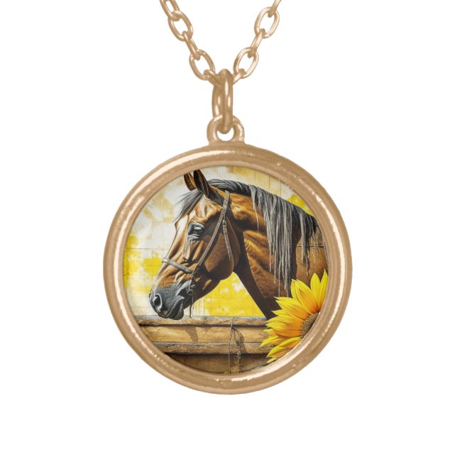 Horse and Sunflower Beautiful AI Art  Gold Plated Necklace (Front)