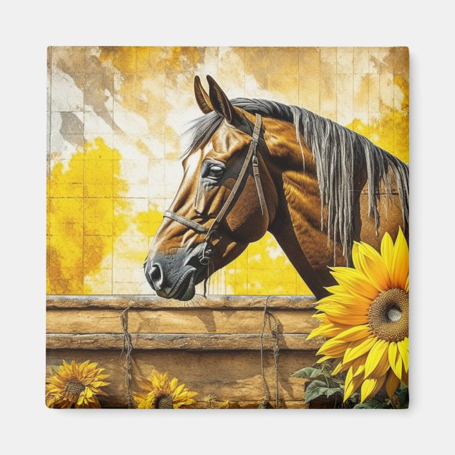 Horse and Sunflower Beautiful AI Art Magnet (Front)