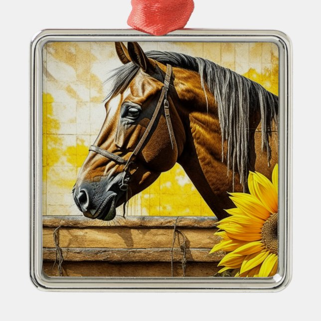 Horse and Sunflower Beautiful AI Art  Metal Ornament (Front)